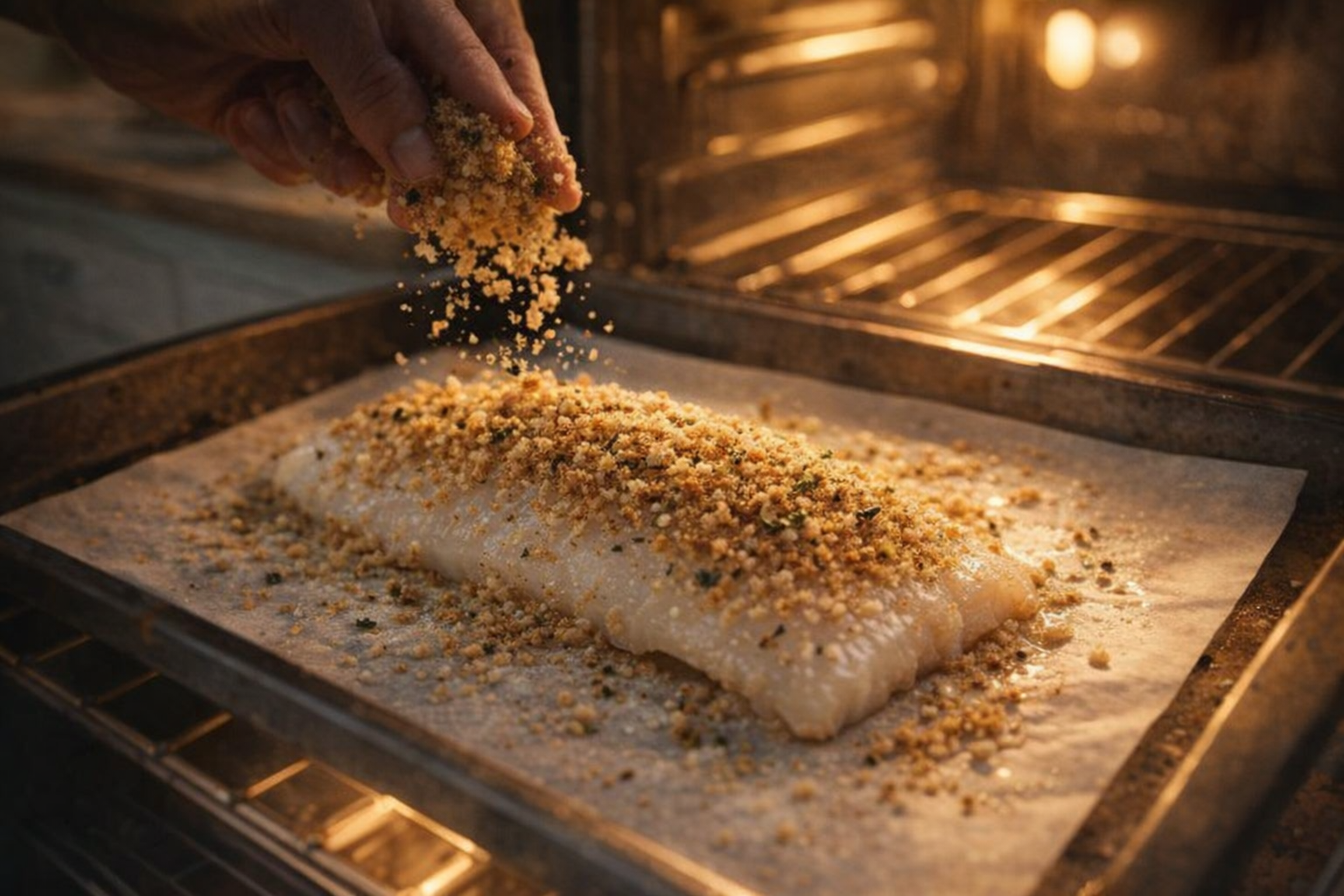 A haddock fillet being topped with breadcrumbs on a baking sheet, close-up action shot, golden light from the oven